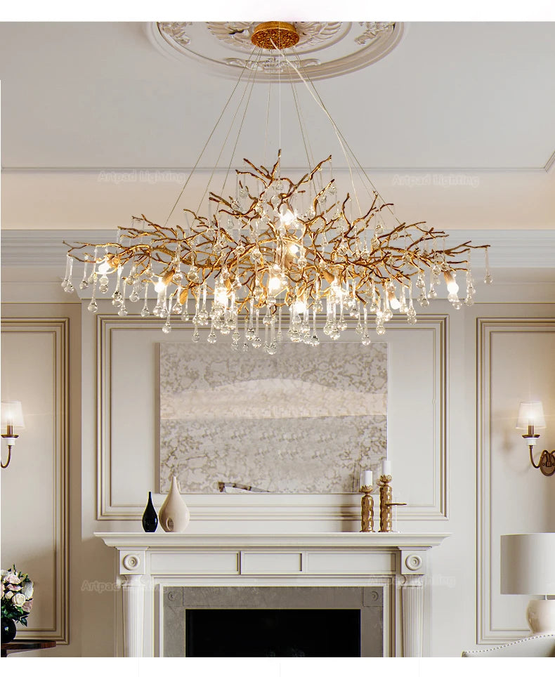 Luxury gold branch crystal chandelier hanging in a modern living room with elegant contemporary décor.