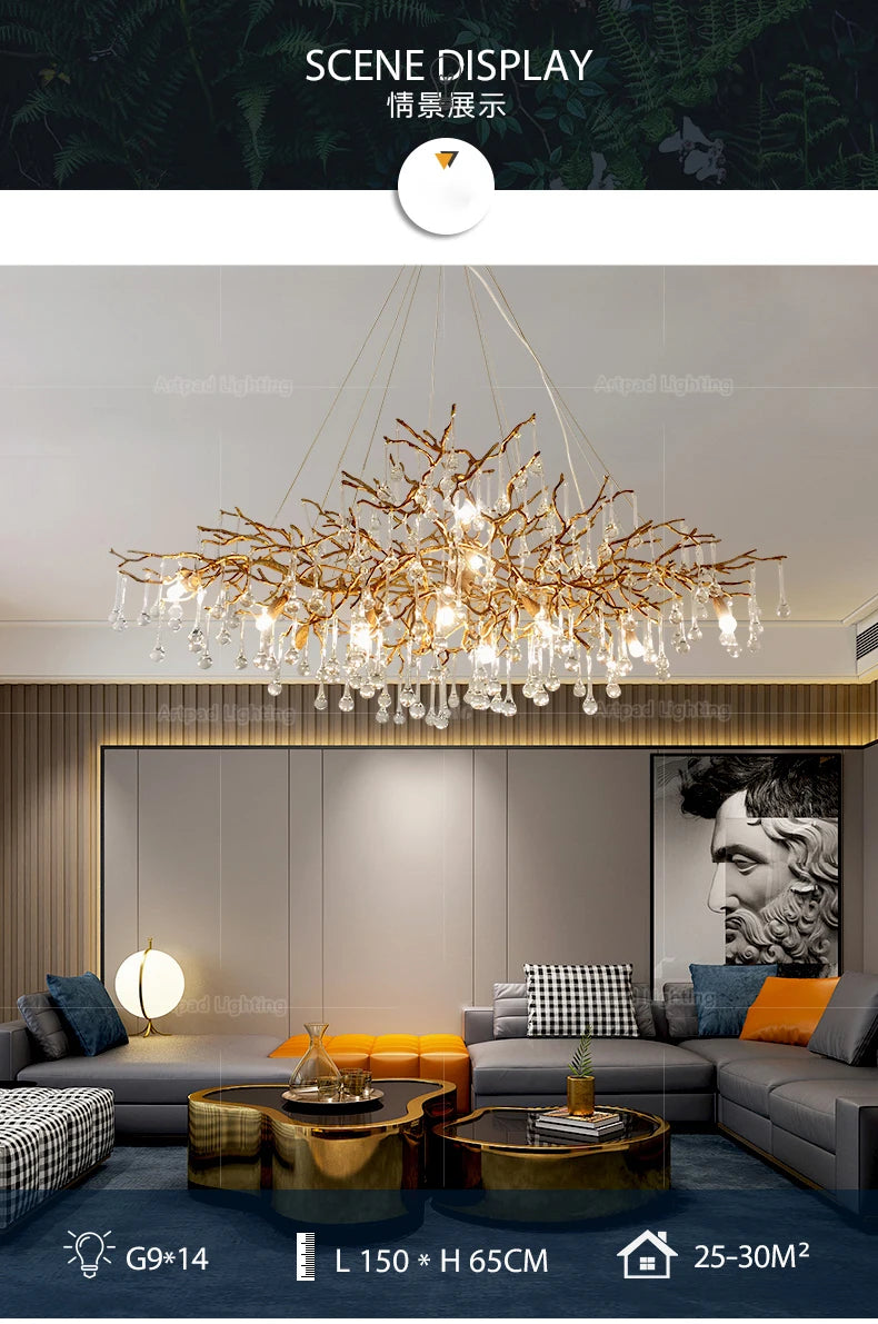 Luxury gold branch crystal chandelier hanging in a modern living room with elegant contemporary décor.