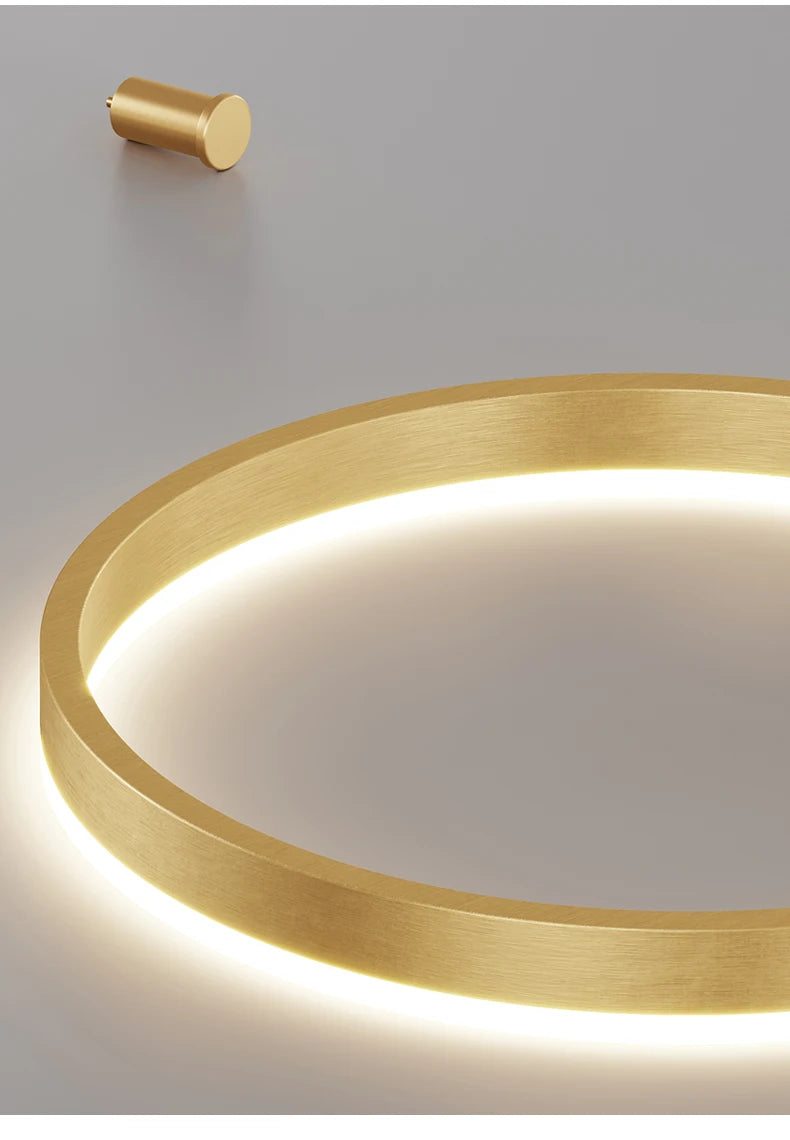 Modern LED circular ring chandelier installed above a dining table in a contemporary luxury home.