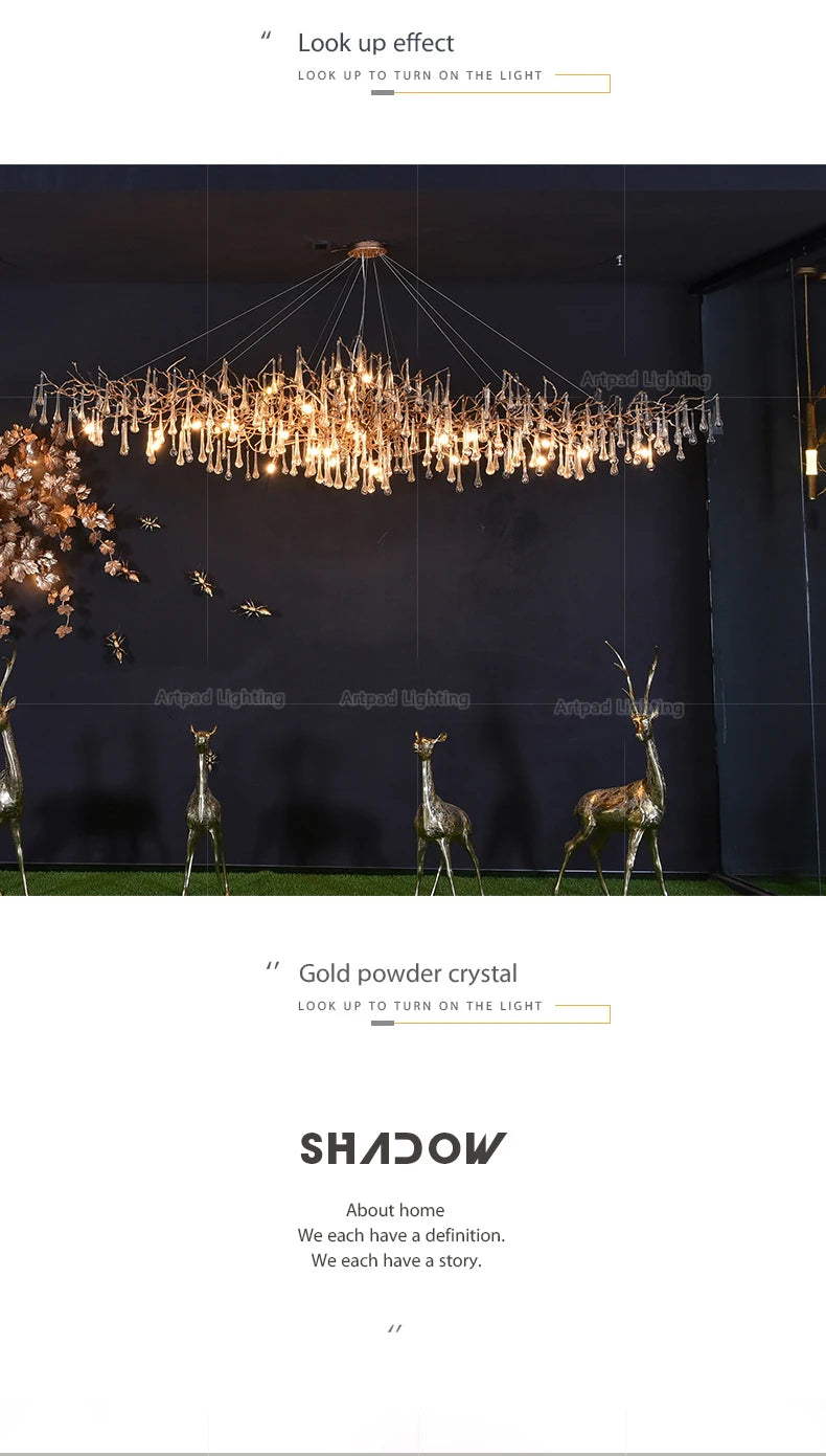 Luxury gold branch crystal chandelier hanging in a modern living room with elegant contemporary décor.