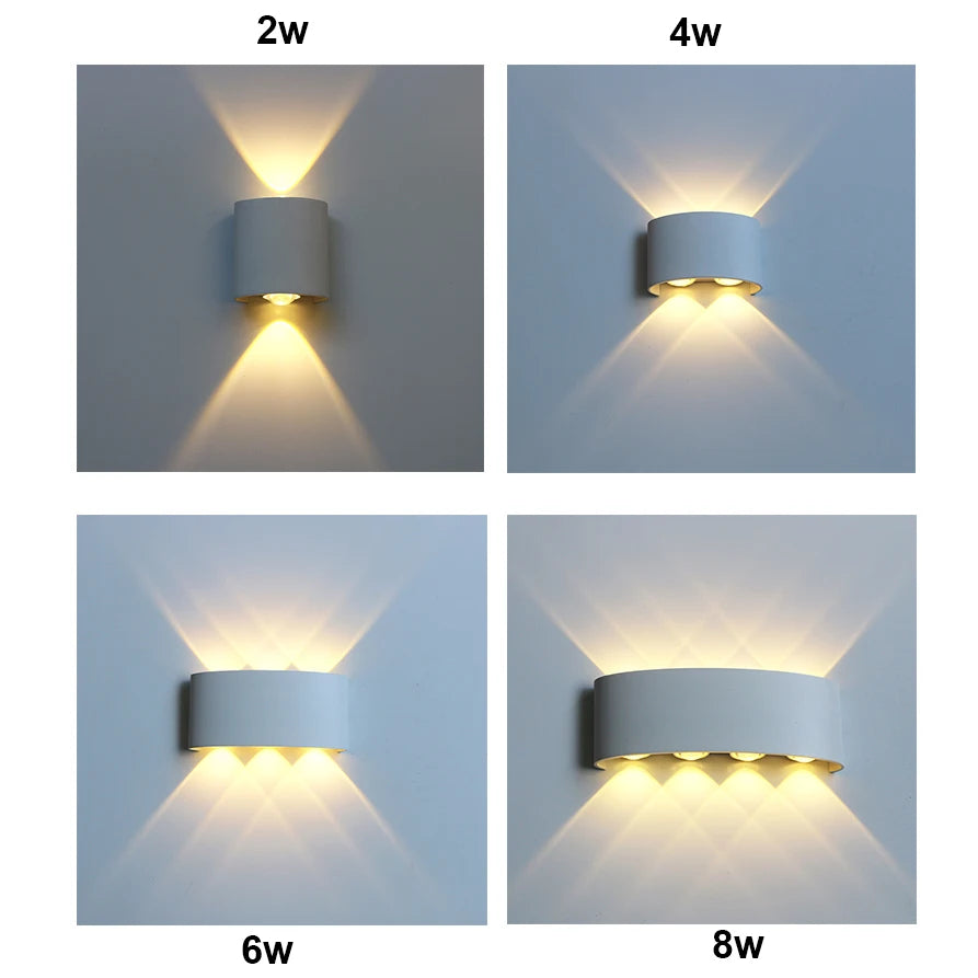 Modern waterproof LED wall light installed on an exterior house wall illuminating a porch and garden.
