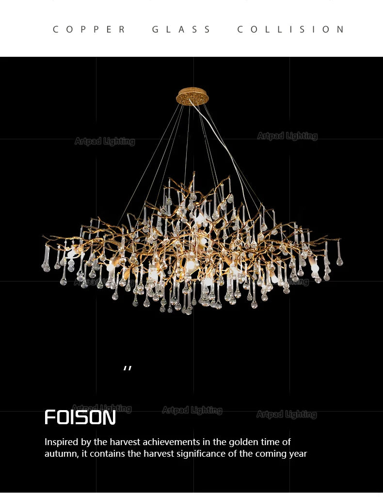 Luxury gold branch crystal chandelier hanging in a modern living room with elegant contemporary décor.