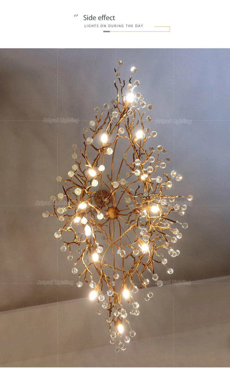 Luxury gold branch crystal chandelier hanging in a modern living room with elegant contemporary décor.