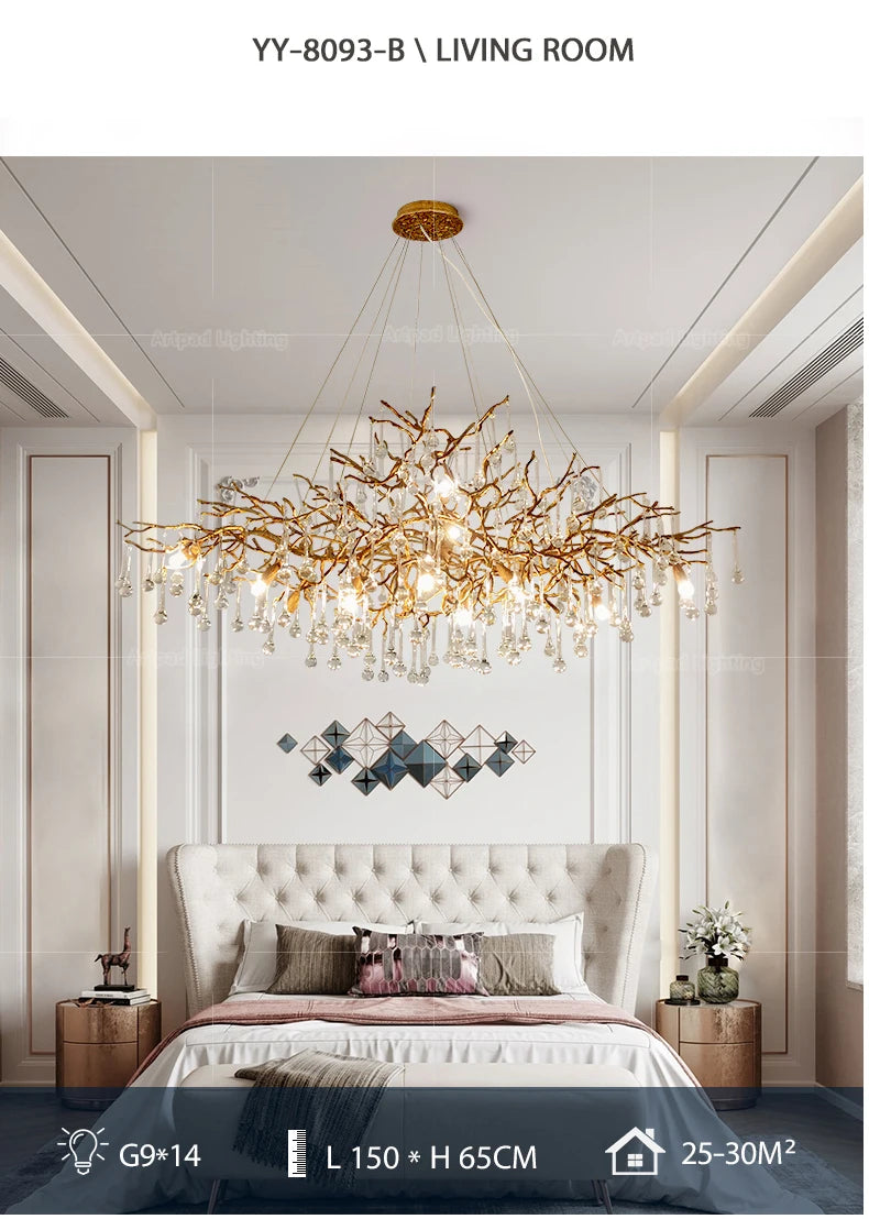 Luxury gold branch crystal chandelier hanging in a modern living room with elegant contemporary décor.