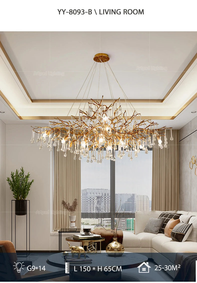 Luxury gold branch crystal chandelier hanging in a modern living room with elegant contemporary décor.