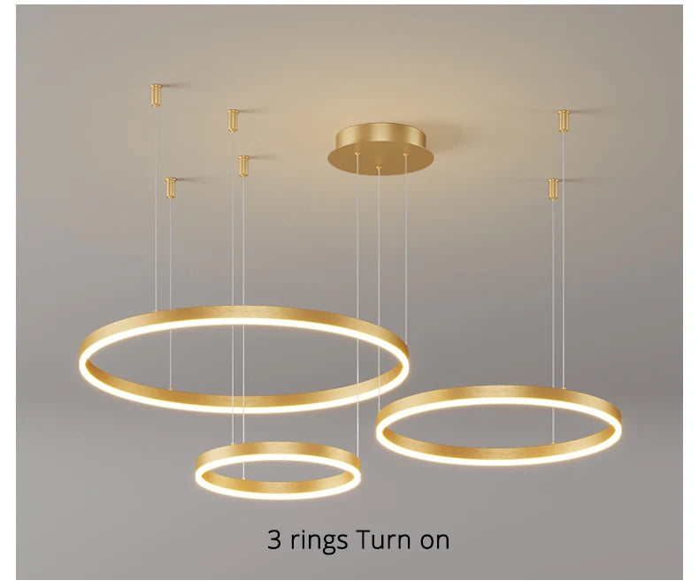Modern LED circular ring chandelier installed above a dining table in a contemporary luxury home.