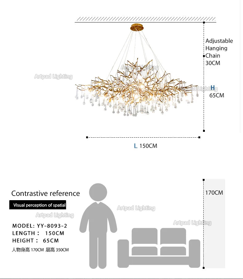 Luxury gold branch crystal chandelier hanging in a modern living room with elegant contemporary décor.