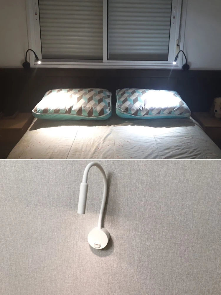 Modern LED wall reading light mounted beside a bed, providing focused lighting for reading.
