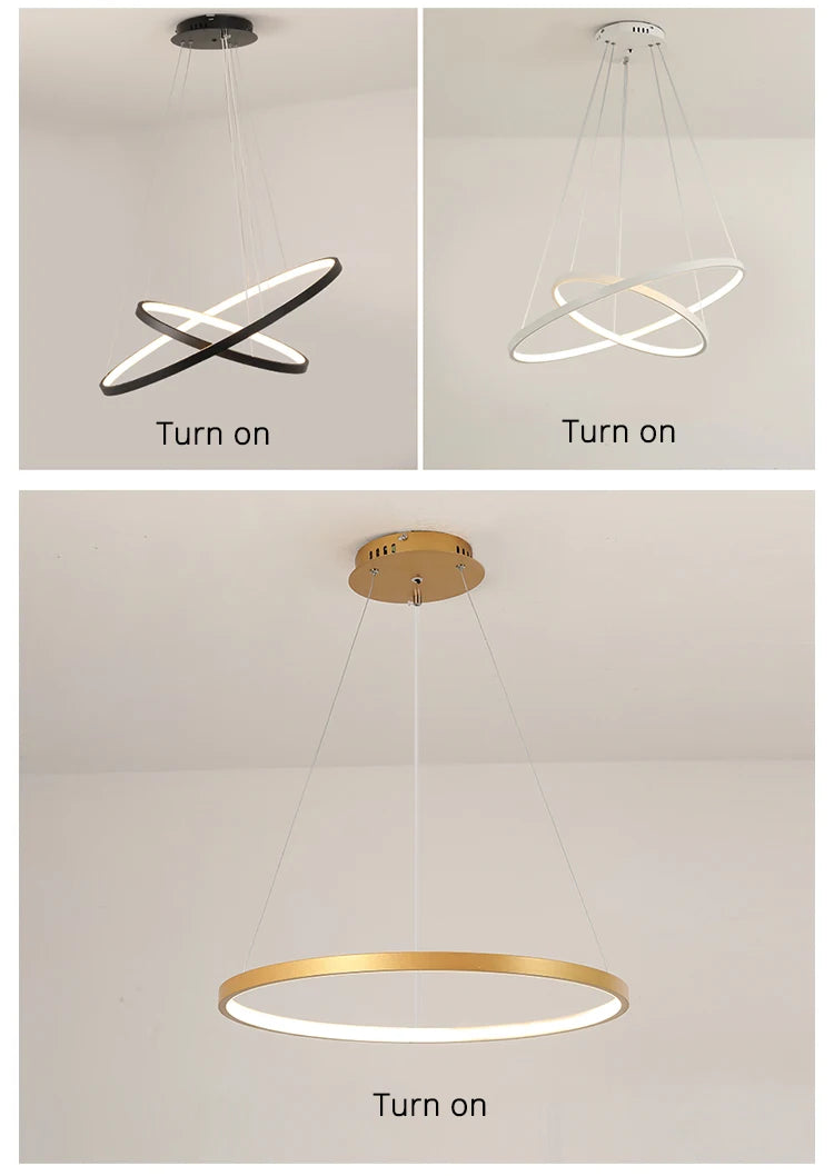 Modern LED ring chandelier suspended above a dining table in a luxury contemporary home.