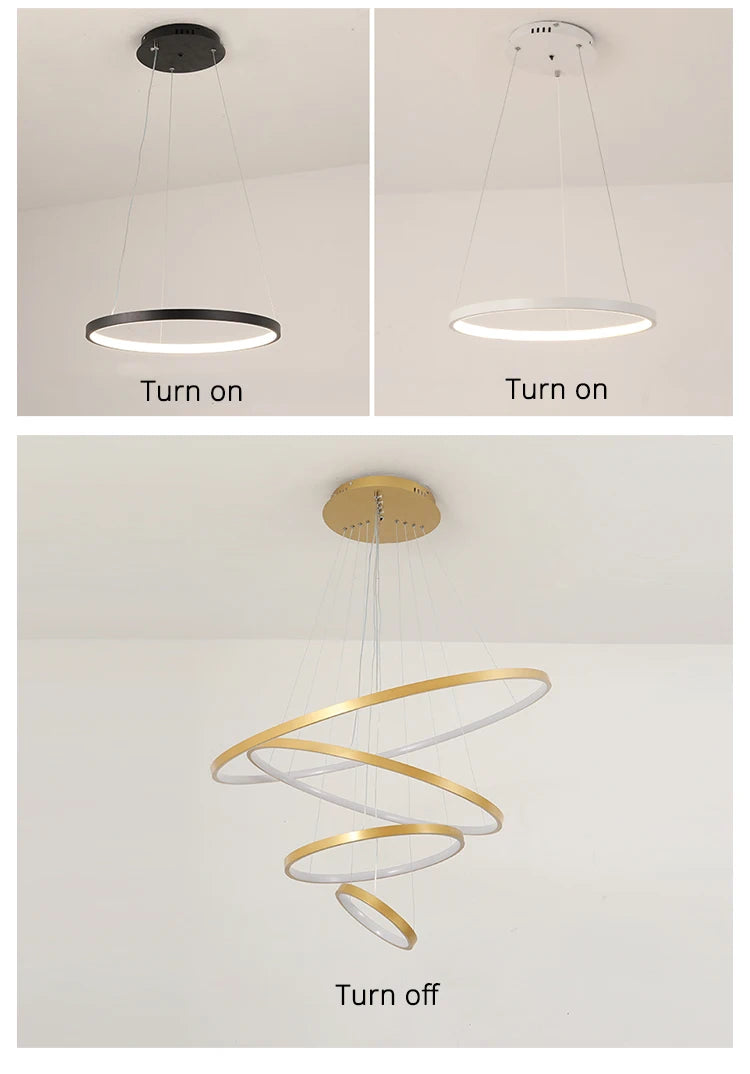 Modern LED ring chandelier suspended above a dining table in a luxury contemporary home.