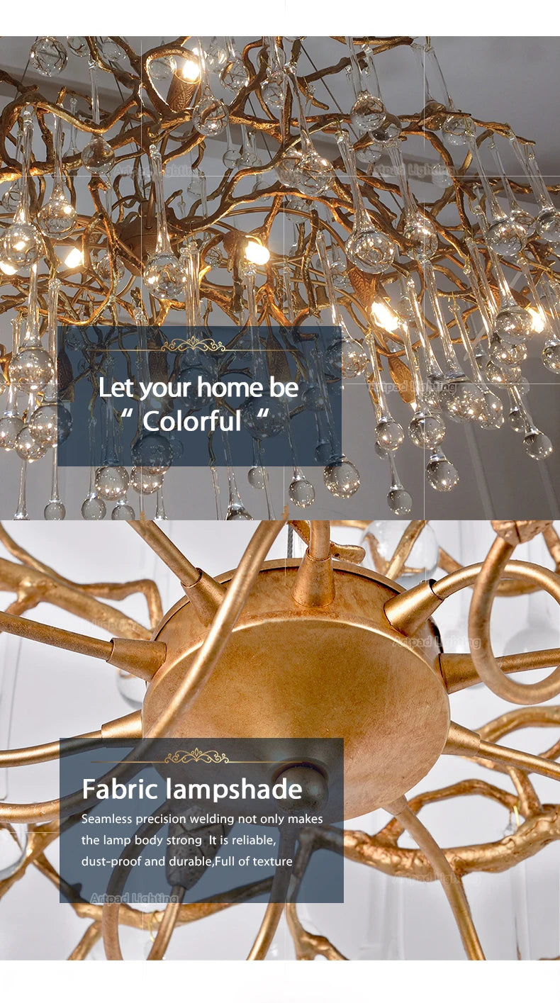 Luxury gold branch crystal chandelier hanging in a modern living room with elegant contemporary décor.