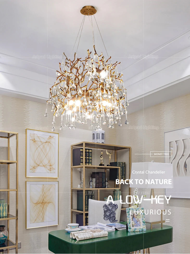 Luxury gold branch crystal chandelier hanging in a modern living room with elegant contemporary décor.