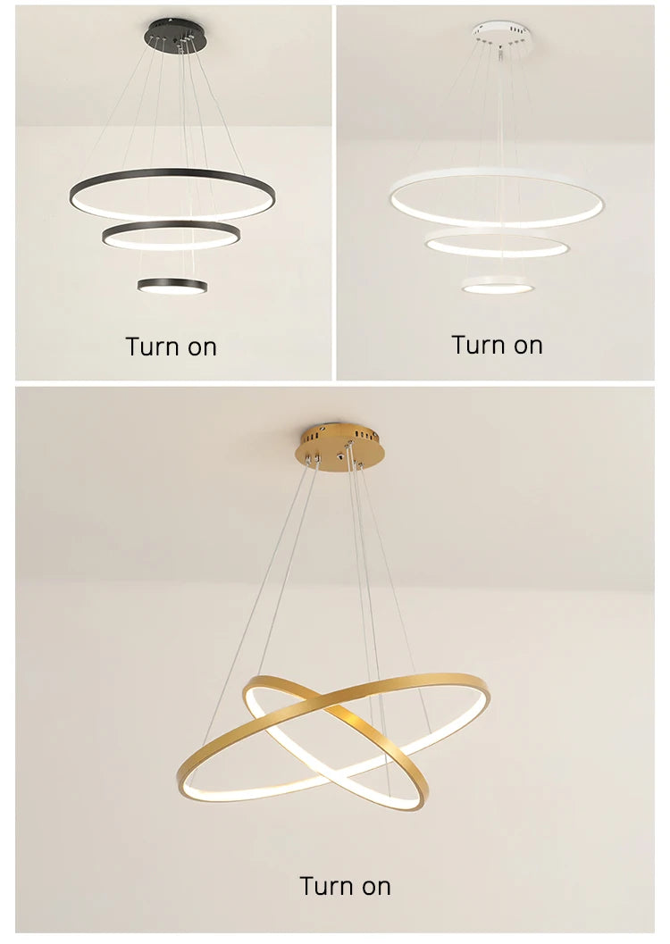 Modern LED ring chandelier suspended above a dining table in a luxury contemporary home.
