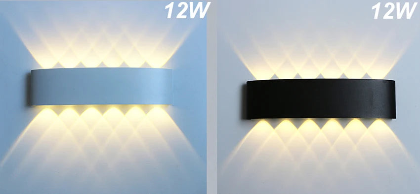 Modern waterproof LED wall light installed on an exterior house wall illuminating a porch and garden.