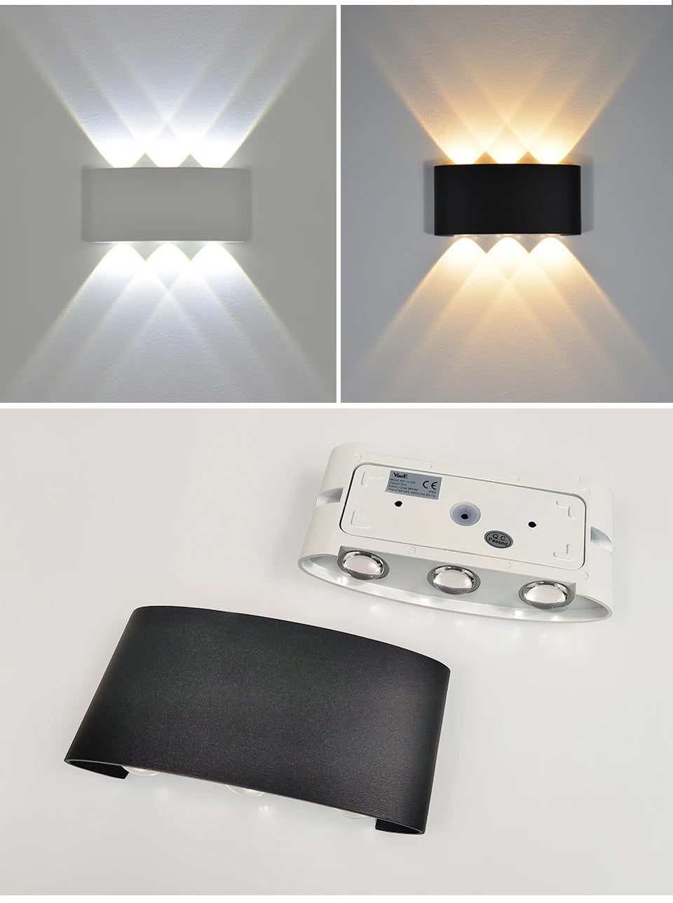 Modern waterproof LED wall light installed on an exterior house wall illuminating a porch and garden.