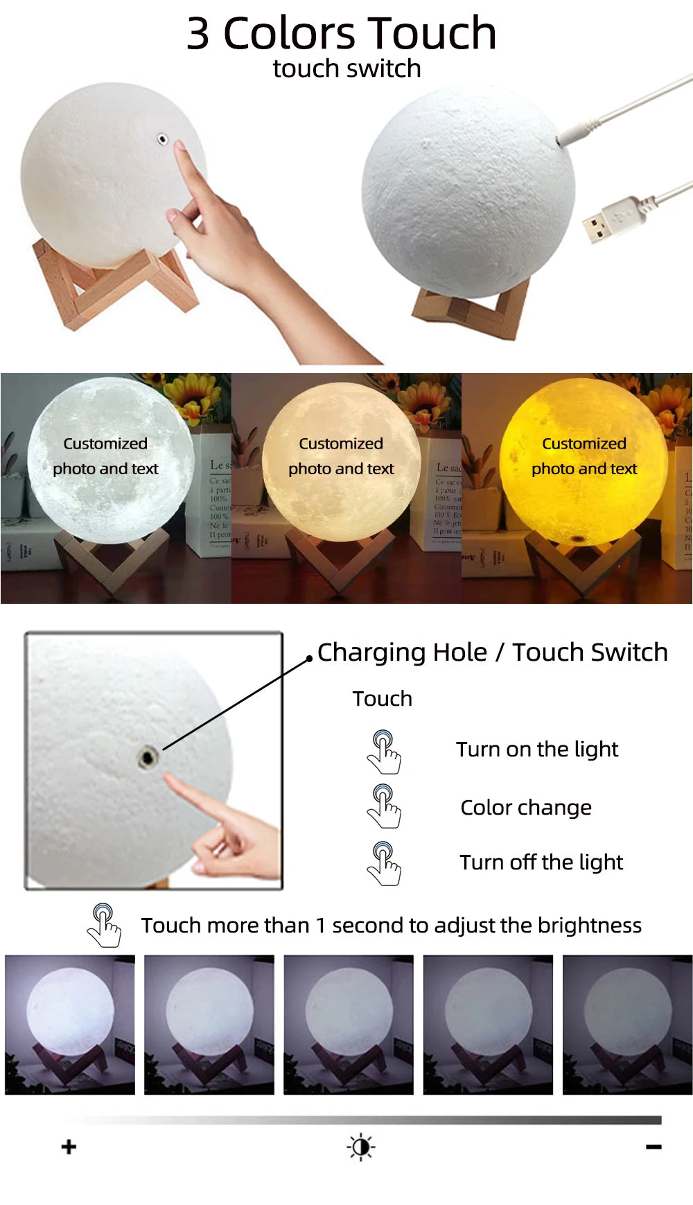 Personalized Moon Lamp 3D Printed Custom Photo USB Night Light