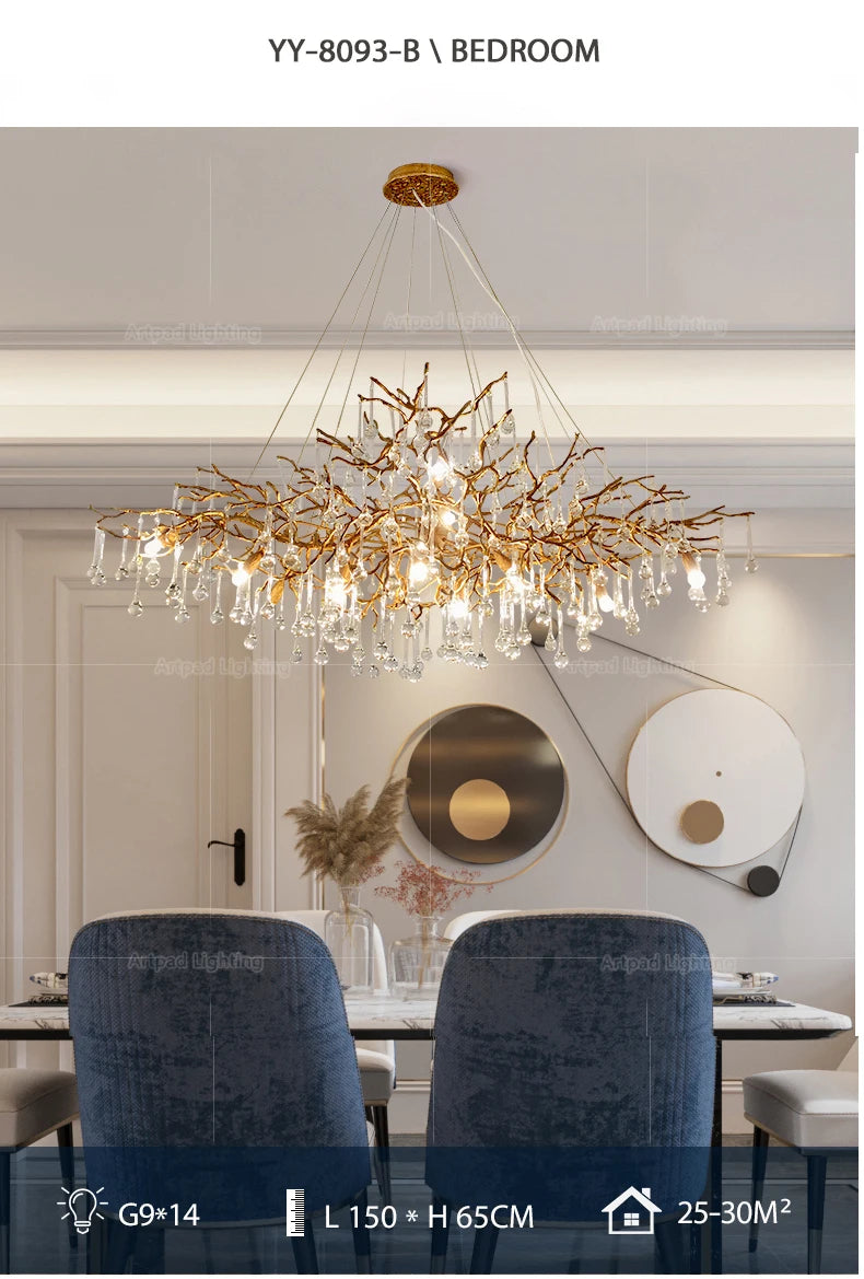 Luxury gold branch crystal chandelier hanging in a modern living room with elegant contemporary décor.