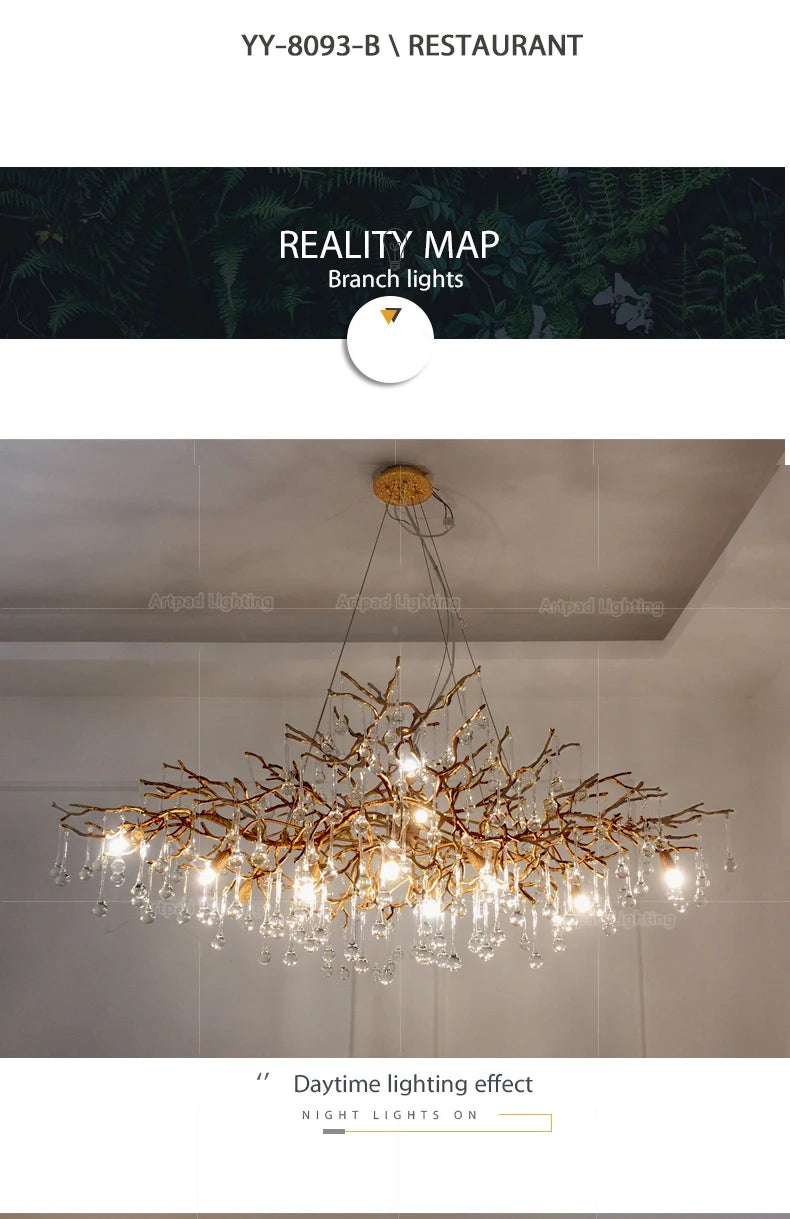 Luxury gold branch crystal chandelier hanging in a modern living room with elegant contemporary décor.