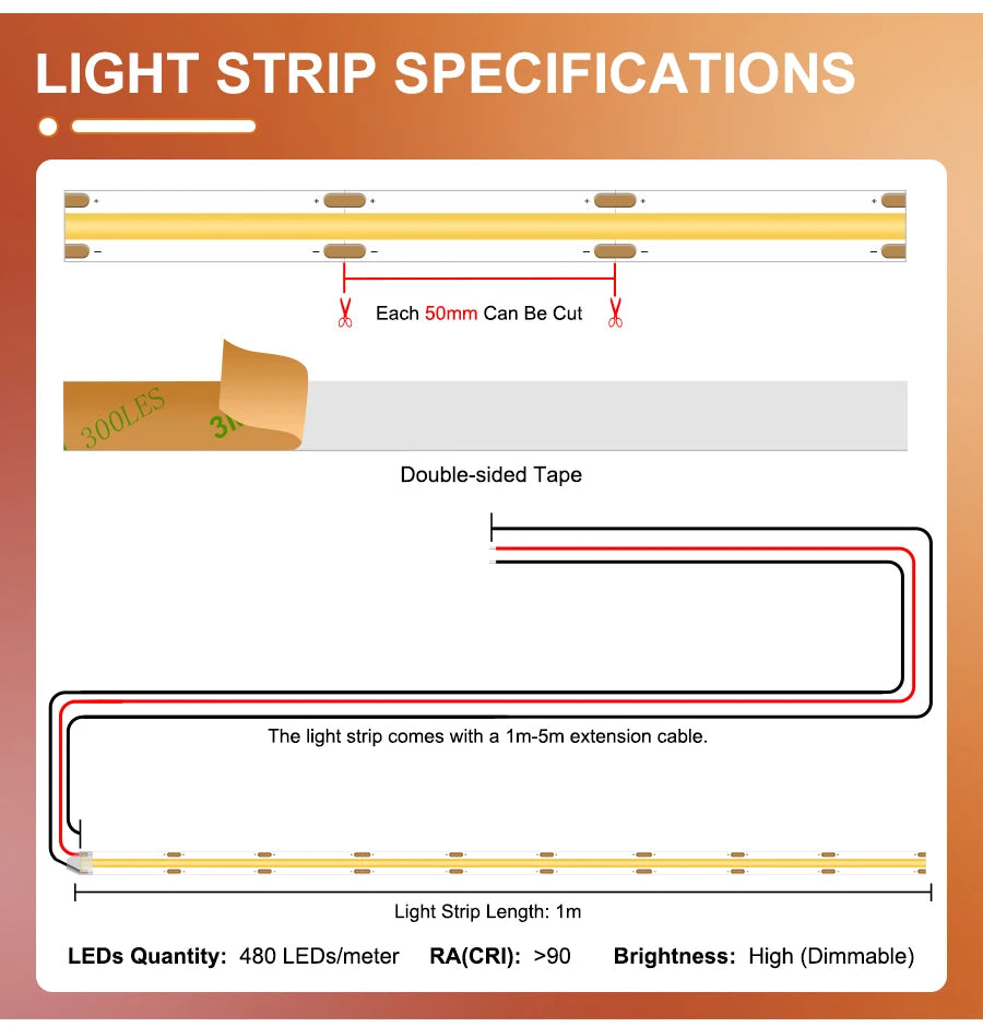LED stair lighting kit specifications showing light strip measurements and features including cuttable sections and brightness levels.