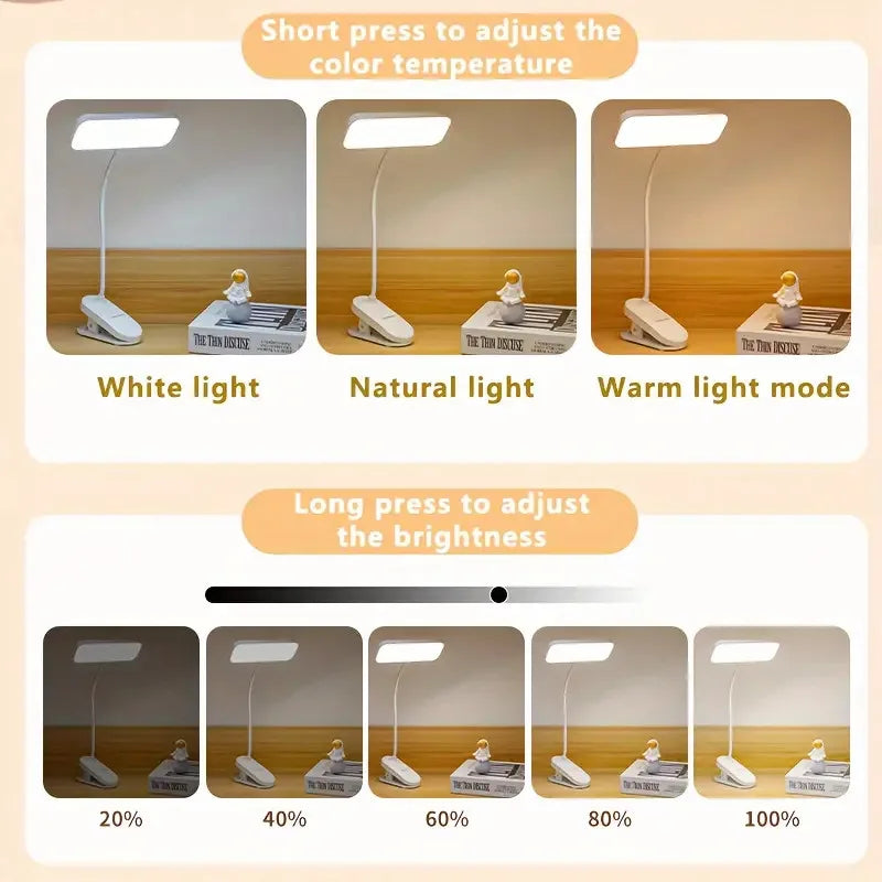Rechargeable LED clip-on desk lamp attached to a study desk for reading and office work.