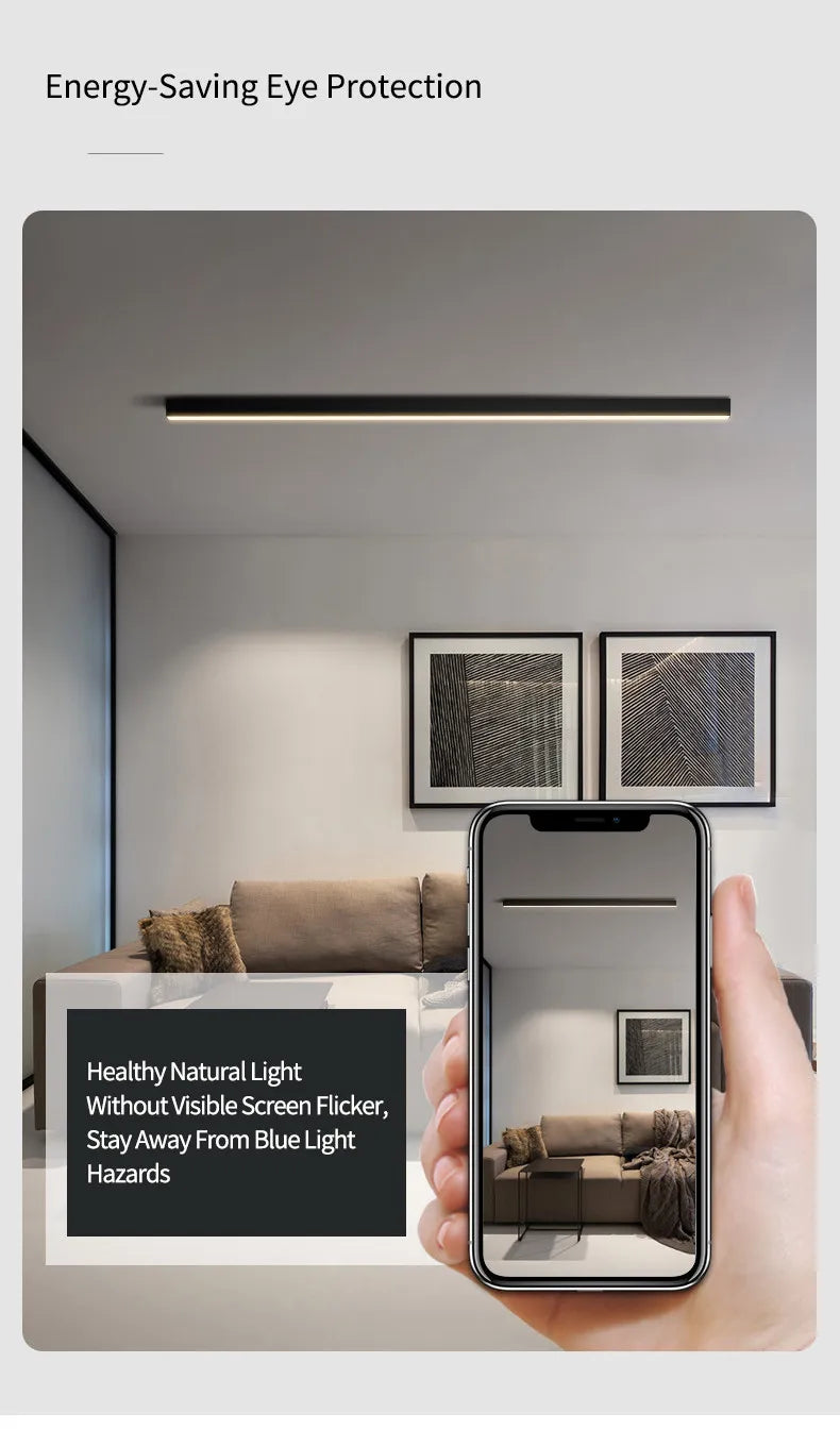 Nordic modern LED ceiling light installed in a contemporary living room with minimalist interior décor.
