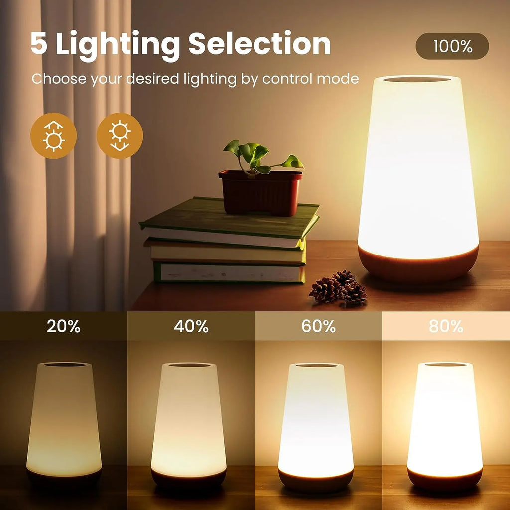 Rechargeable RGB bedside table lamp with touch control and remote displaying multiple colour lighting modes.