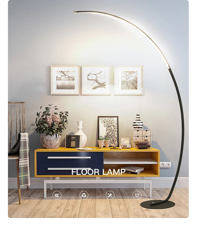 Nordic Modern Arc Shape Floor Lamp Led Dimmable Remote Control Standing Light For Living Room Bedroom Sofa Study Decor Lighting