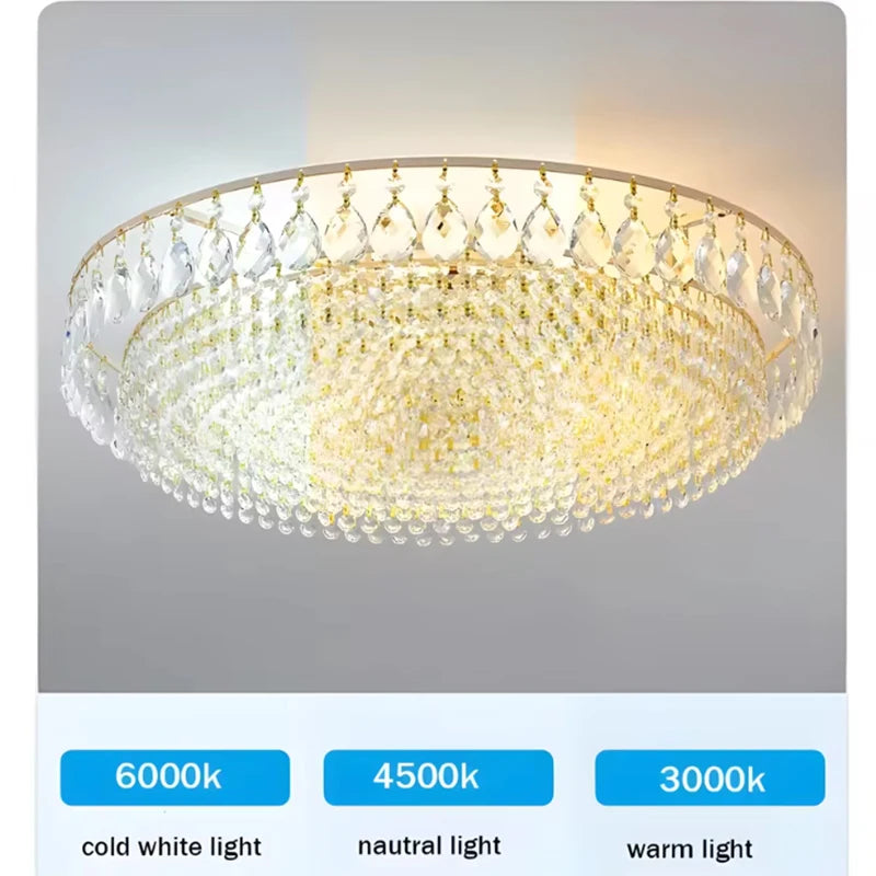 Luxury gold crystal LED chandelier hanging in an elegant modern living room with premium interior décor.