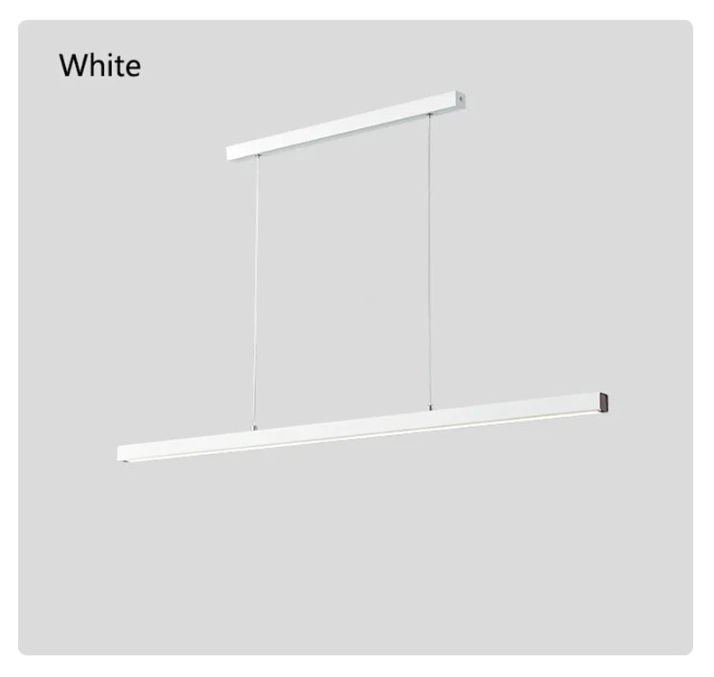 Modern linear LED pendant light suspended above a dining table in a contemporary dining room.