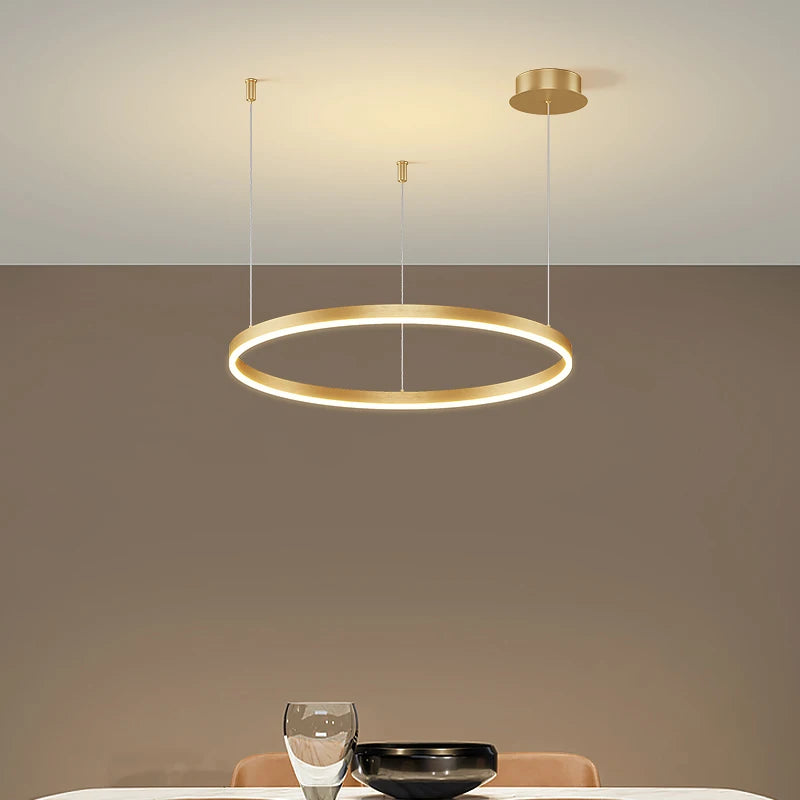 Modern LED circular ring chandelier installed above a dining table in a contemporary luxury home.