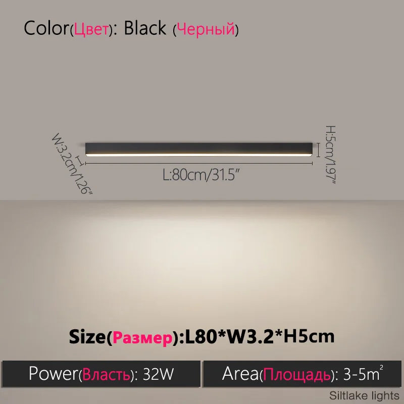Nordic Modern LED Ceiling Light in black, dimensions 80cm x 3.2cm x 5cm, 32W power, ideal for various rooms.