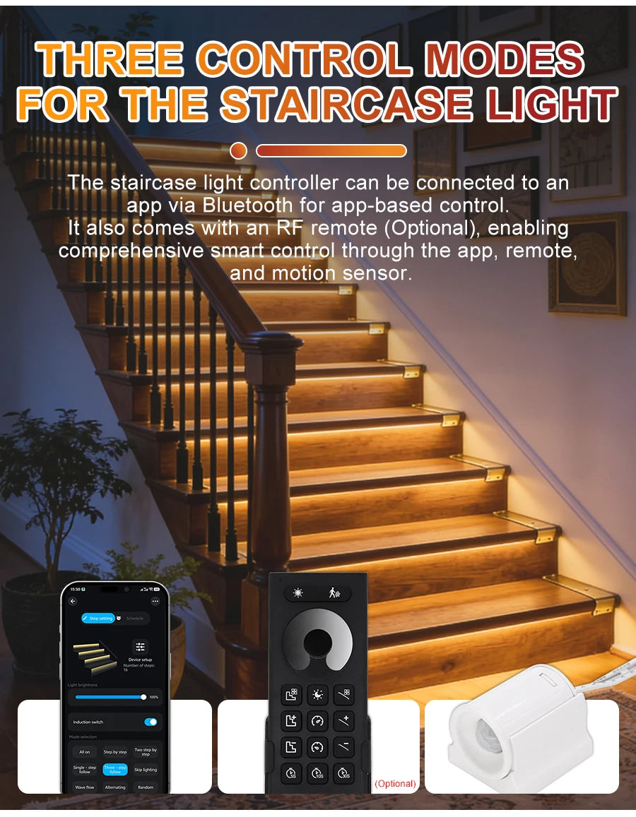 LED stair lighting kit with motion sensor, app control, and RF remote for smart home automation.