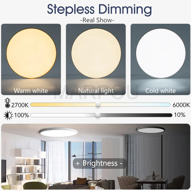 Smart dimmable LED ceiling light with remote control installed in a modern bedroom.