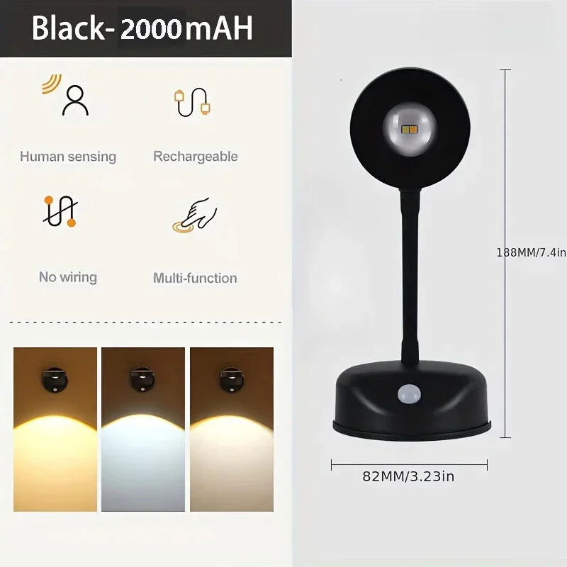 Rechargeable motion sensor LED wall light illuminating a framed artwork in a modern living room.
