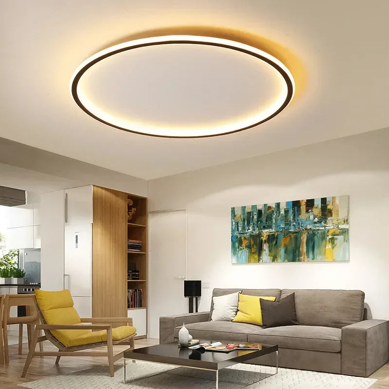 Nordic minimalist LED ceiling light with remote control installed in a modern living room.