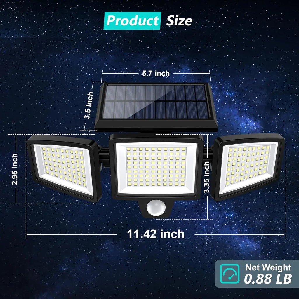 Solar Motion Sensor Security Light Outdoor Waterproof 3 Head LED