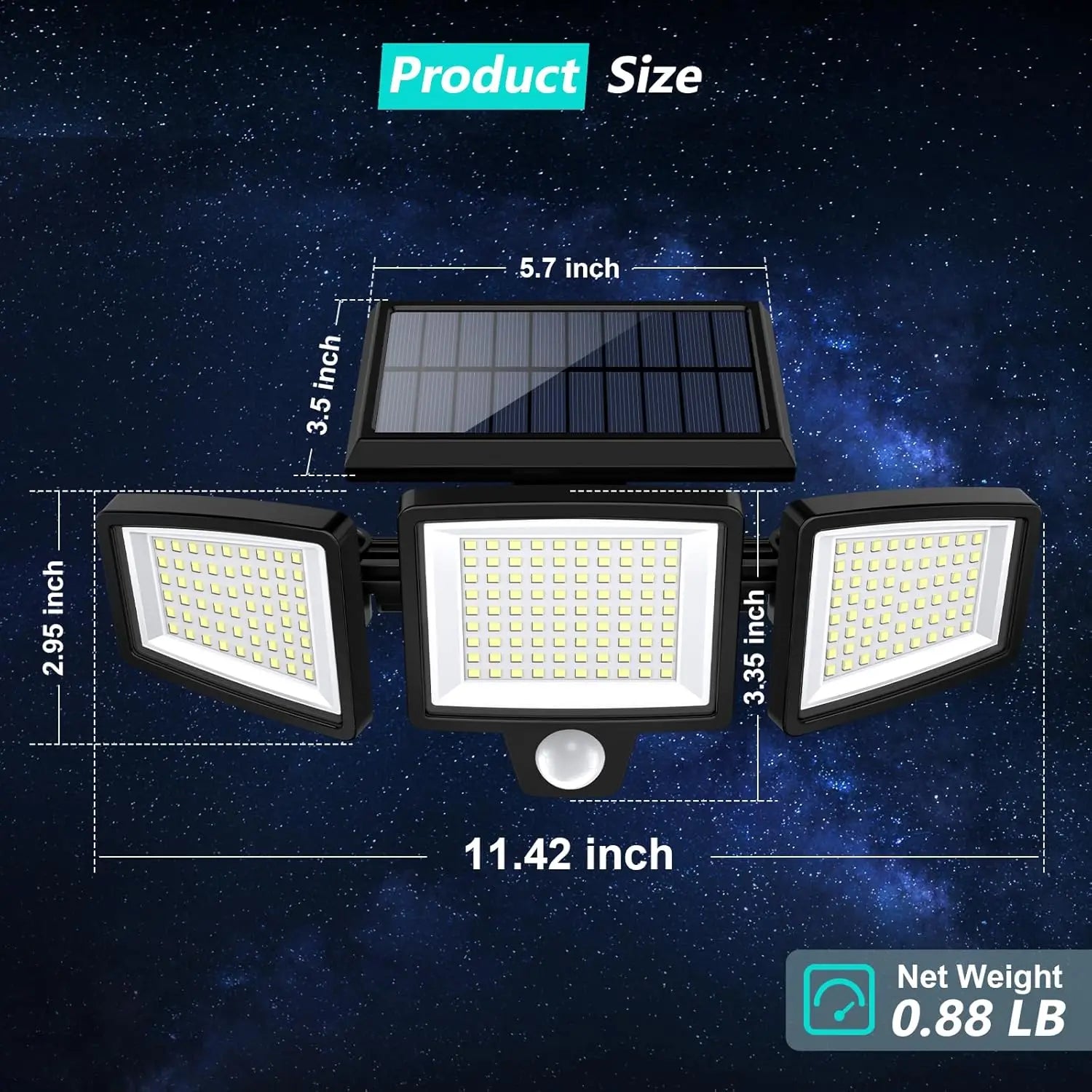 Solar Motion Sensor Security Light Outdoor Waterproof 3 Head LED