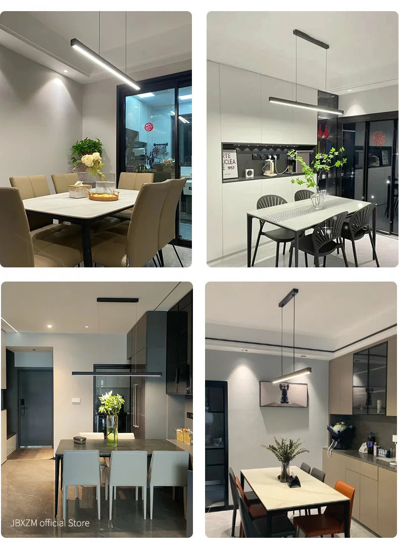 Modern linear LED pendant light suspended above a dining table in a contemporary dining room.
