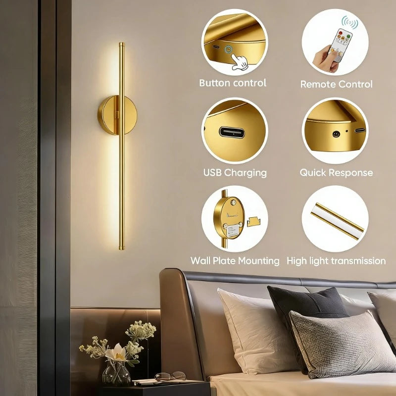 Wireless rechargeable LED wall sconce with remote control mounted beside a modern bedroom bed.