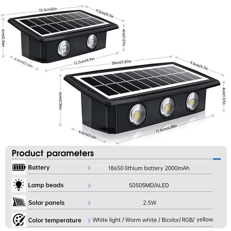 Modern waterproof solar LED wall light installed on an exterior wall illuminating a garden pathway.