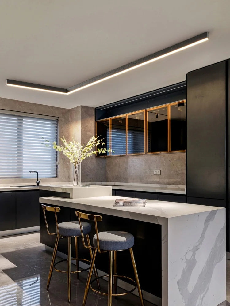 Nordic modern LED ceiling light installed in a contemporary living room with minimalist interior décor.
