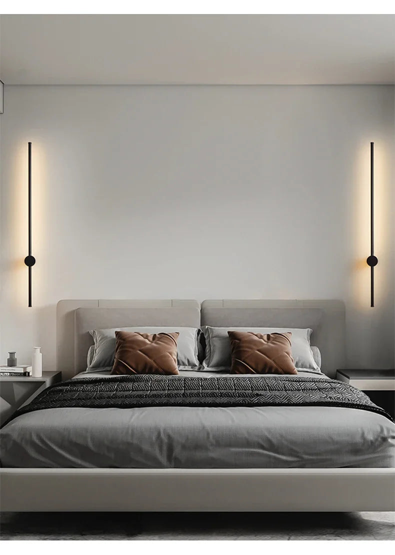 Nordic minimalist LED long wall light installed in a modern hallway with luxury interior décor.