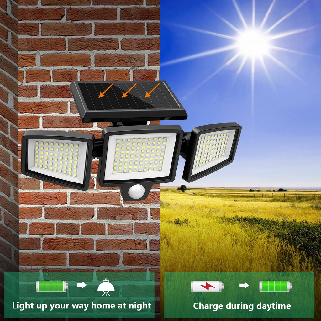 Solar Motion Sensor Security Light Outdoor Waterproof 3 Head LED