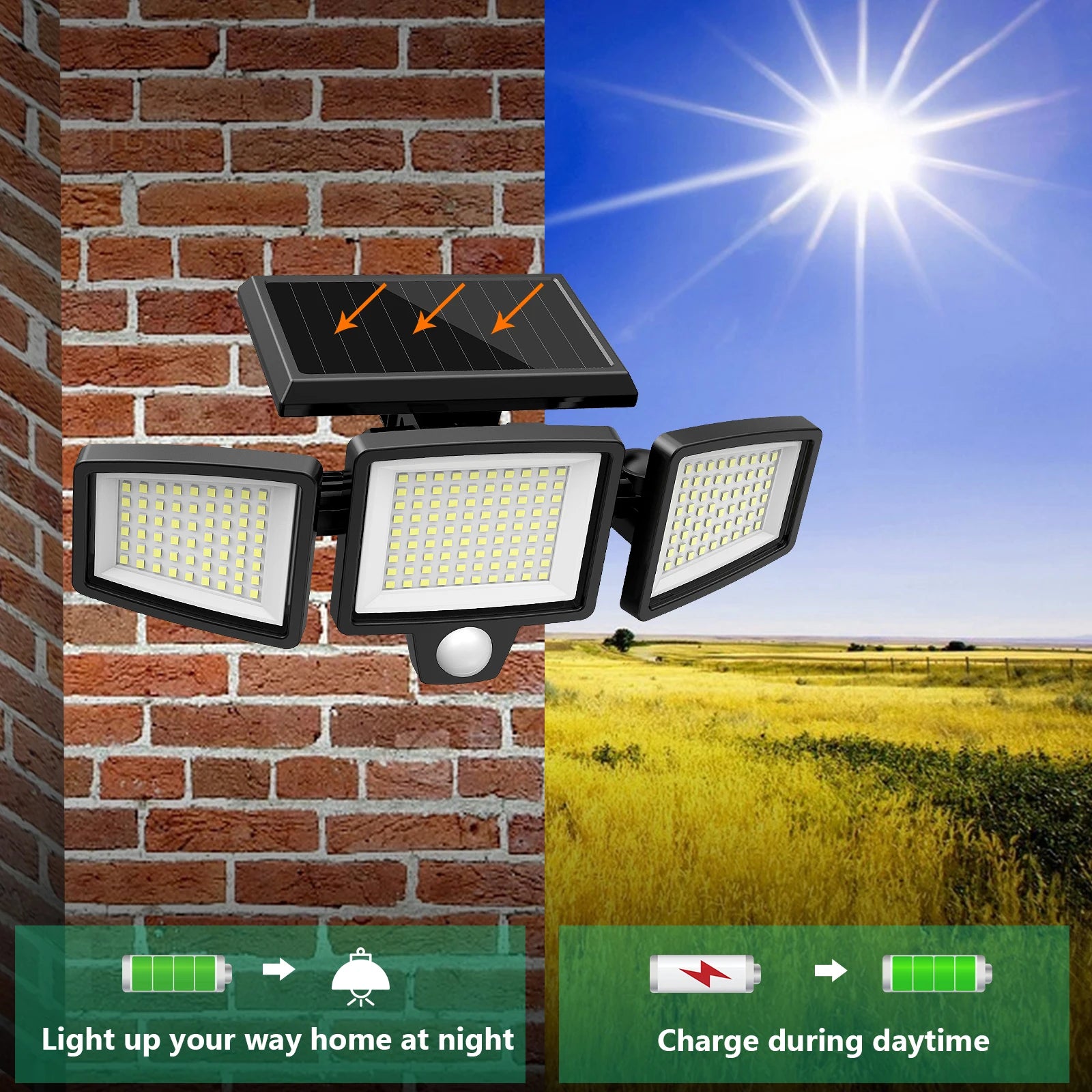 Solar Motion Sensor Security Light Outdoor Waterproof 3 Head LED