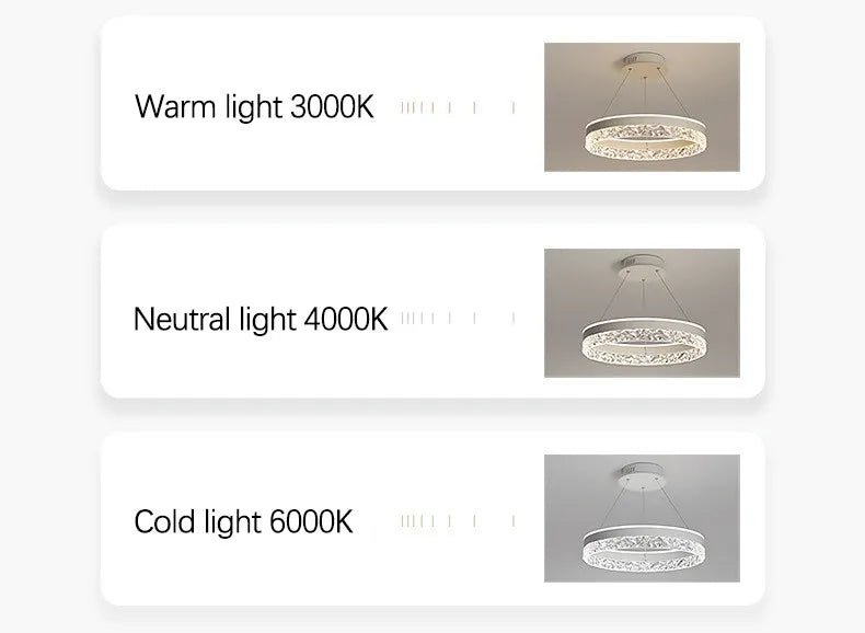 Modern luxe LED ring chandelier suspended in a contemporary living room with elegant minimalist décor.