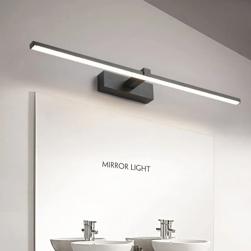 Modern waterproof LED mirror light mounted above a bathroom vanity mirror with bright, even illumination.
