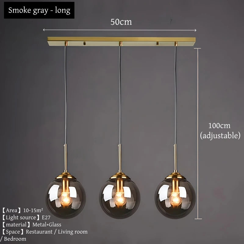 Modern luxury glass LED pendant light hanging above a dining table in a contemporary home.