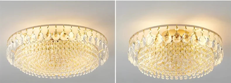 Luxury gold crystal LED chandelier hanging in an elegant modern living room with premium interior décor.