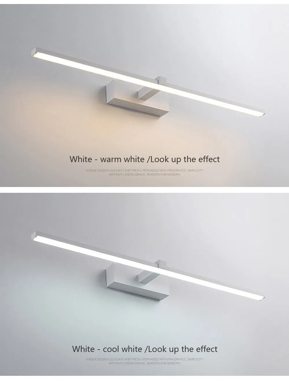 Modern waterproof LED mirror light mounted above a bathroom vanity mirror with bright, even illumination.