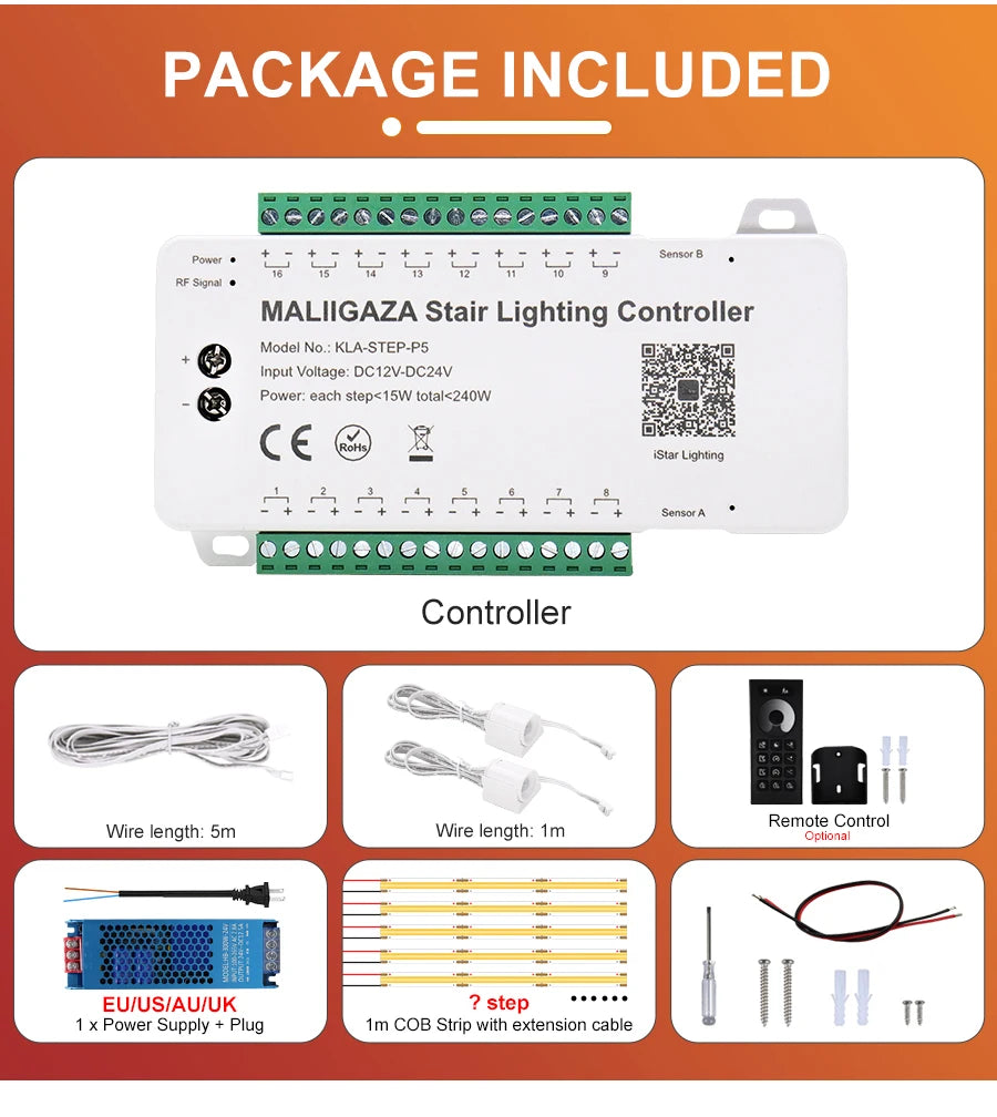LED stair lighting kit package includes lighting controller, wiring, remote control, and COB strip components.